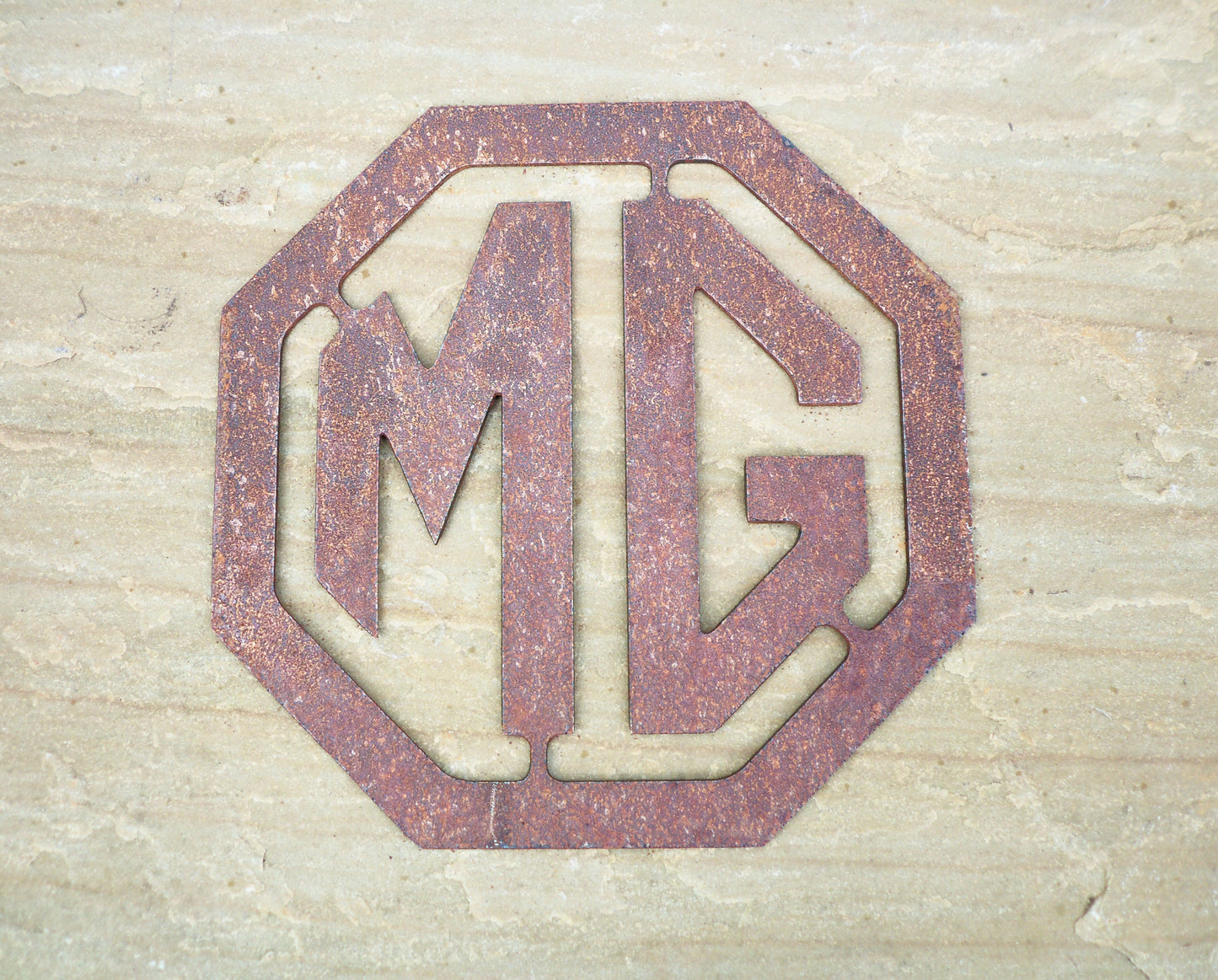 Rusty Metal MG BADGE SIGN Garden Ornament. Rustic Garden Decor. Metal Garden CAR BADGE Decoration. Rusted Steel Garden Art. Birthday Gift.