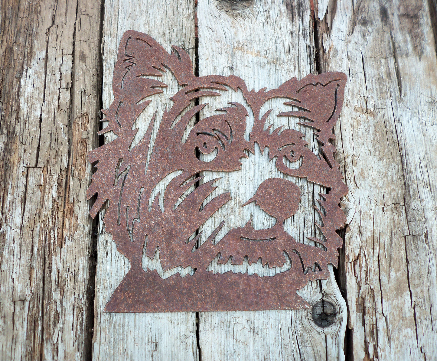 Rusty Metal YORKSHIRE TERRIER DOG Face 'Yorkie' Garden Ornament. Rustic Garden Decor. Metal Garden Dog Decoration. Rusted Steel Garden Art.