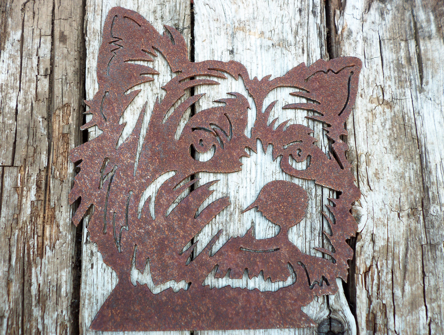 Rusty Metal YORKSHIRE TERRIER DOG Face 'Yorkie' Garden Ornament. Rustic Garden Decor. Metal Garden Dog Decoration. Rusted Steel Garden Art.