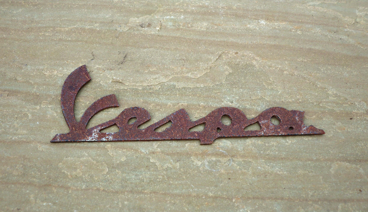 Rusty Metal VESPA BADGE Sign Garden Ornament. Rustic Garden Decor. Metal Garden MOTORCYCLE Badge Decoration. Rusted Steel Garden Art. Vintage Gift.