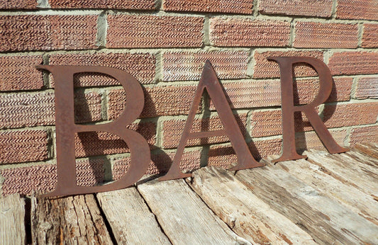 Rusty Metal BAR Sign Letters. 10" Metal Lettering. Rustic Garden Decoration. Rusted Steel Shop House Sign. Garden BAR Sign Vintage Decor. Dad.