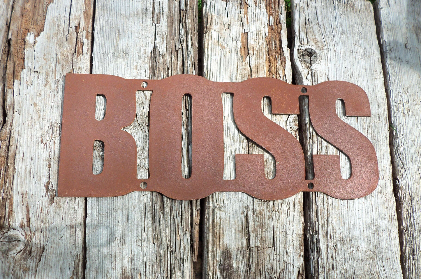 Rusty Metal 'BOSS' Sign Plaque Garden Ornament. Rustic Garden Decor. Metal Garden Decoration. Rusted Steel Garden Wall Art. Birthday Gift.