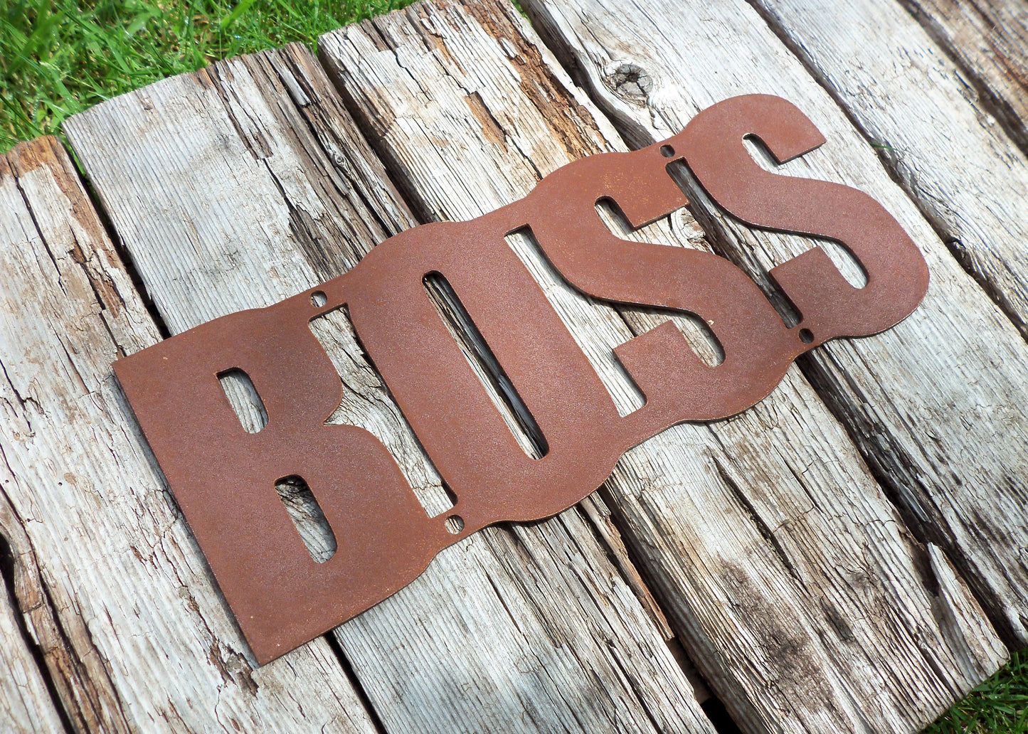 Rusty Metal 'BOSS' Sign Plaque Garden Ornament. Rustic Garden Decor. Metal Garden Decoration. Rusted Steel Garden Wall Art. Birthday Gift.