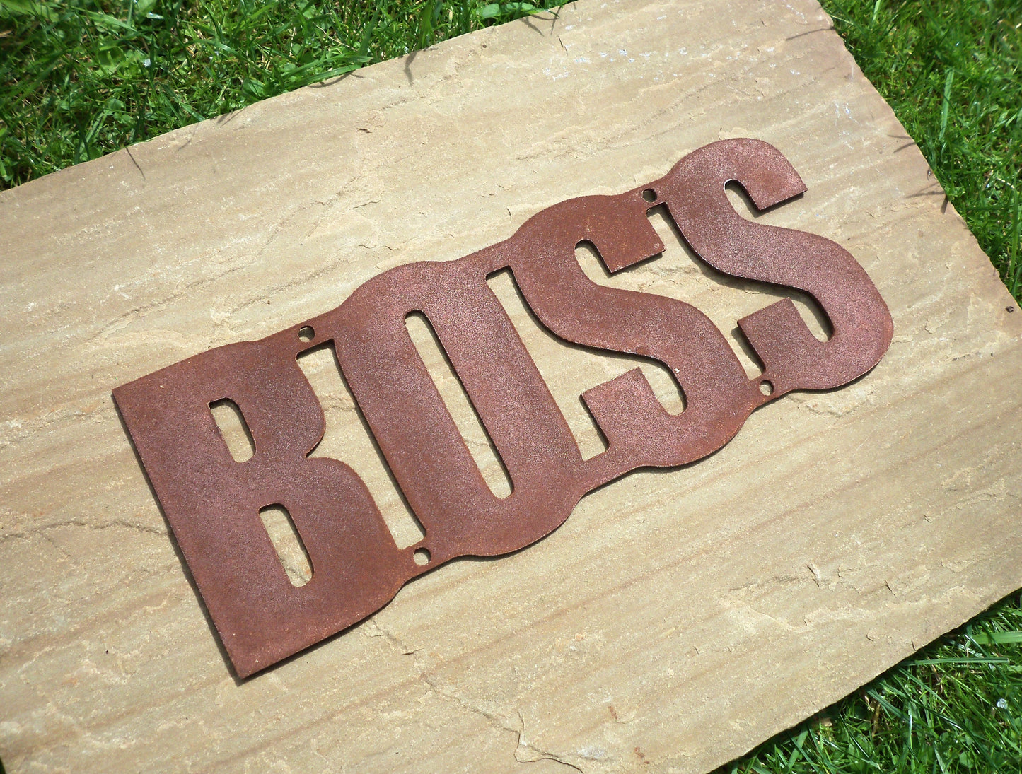 Rusty Metal 'BOSS' Sign Plaque Garden Ornament. Rustic Garden Decor. Metal Garden Decoration. Rusted Steel Garden Wall Art. Birthday Gift.