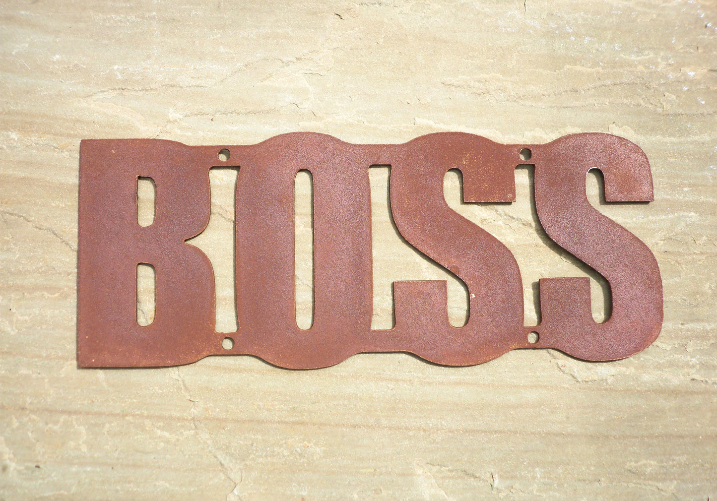 Rusty Metal 'BOSS' Sign Plaque Garden Ornament. Rustic Garden Decor. Metal Garden Decoration. Rusted Steel Garden Wall Art. Birthday Gift.