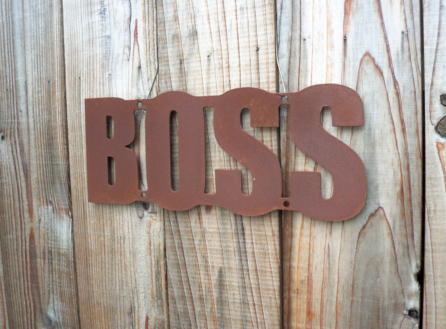 Rusty Metal 'BOSS' Sign Plaque Garden Ornament. Rustic Garden Decor. Metal Garden Decoration. Rusted Steel Garden Wall Art. Birthday Gift.