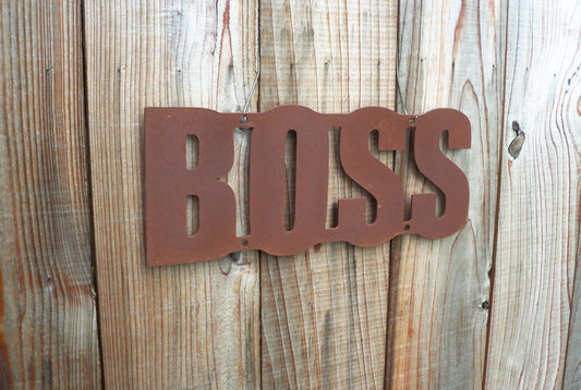 Rusty Metal 'BOSS' Sign Plaque Garden Ornament. Rustic Garden Decor. Metal Garden Decoration. Rusted Steel Garden Wall Art. Birthday Gift.