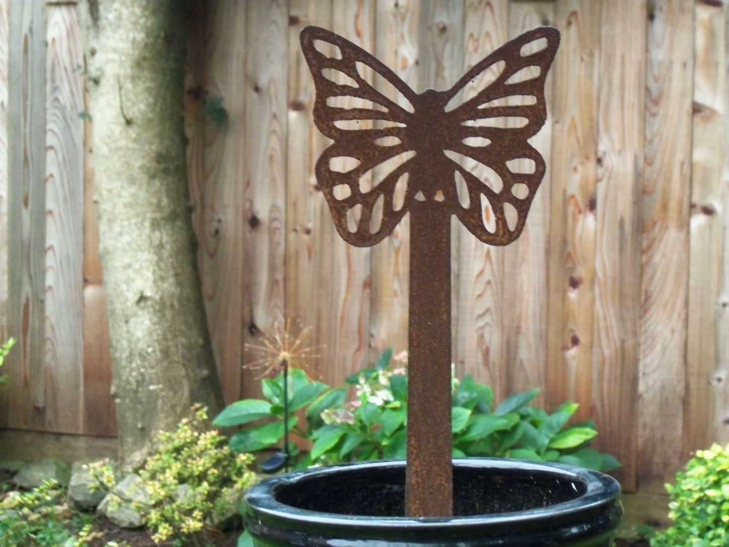 Rusty Metal BUTTERFLY Garden Stake. Rustic Plant Pot Ornament. Metal Garden Butterfly Decoration. Rusted Steel Garden Art. Birthday Gift.