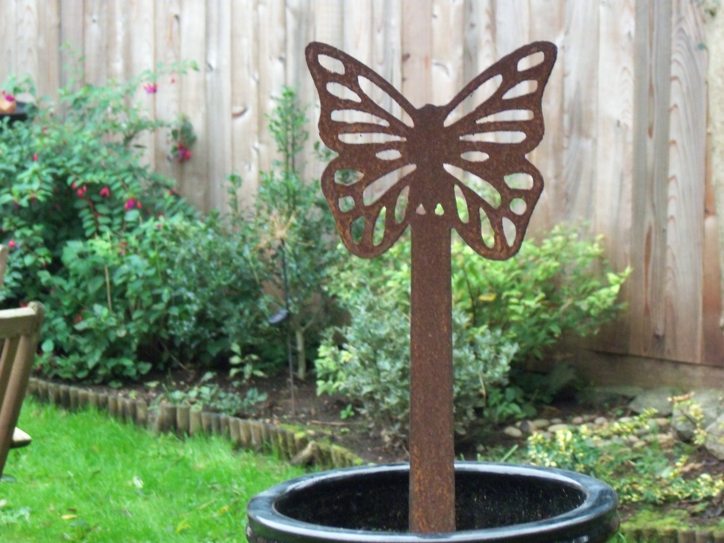 Rusty Metal BUTTERFLY Garden Stake. Rustic Plant Pot Ornament. Metal Garden Butterfly Decoration. Rusted Steel Garden Art. Birthday Gift.