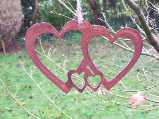 Rusty Metal Group of HEARTS Garden Ornament. Rustic Garden Decor. Metal HEART Garden Decoration. Rusted Steel Garden Art. Birthday Gift Love