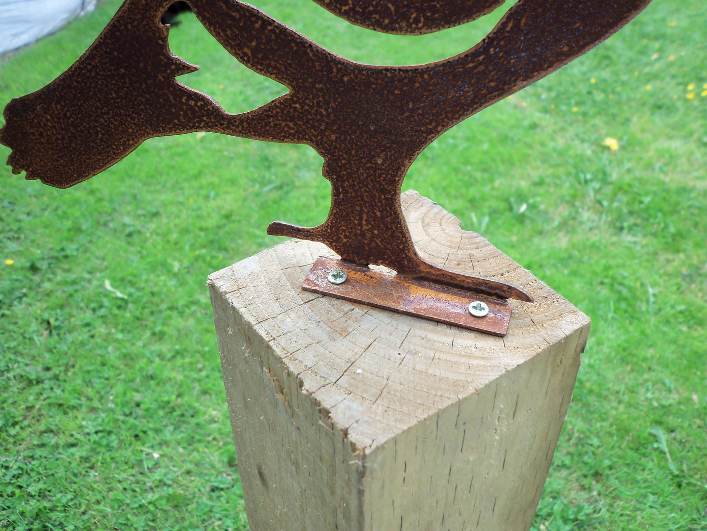 Rusted metal pigeon on a post on green grass, showing screw plate fixings, industrial look piece.