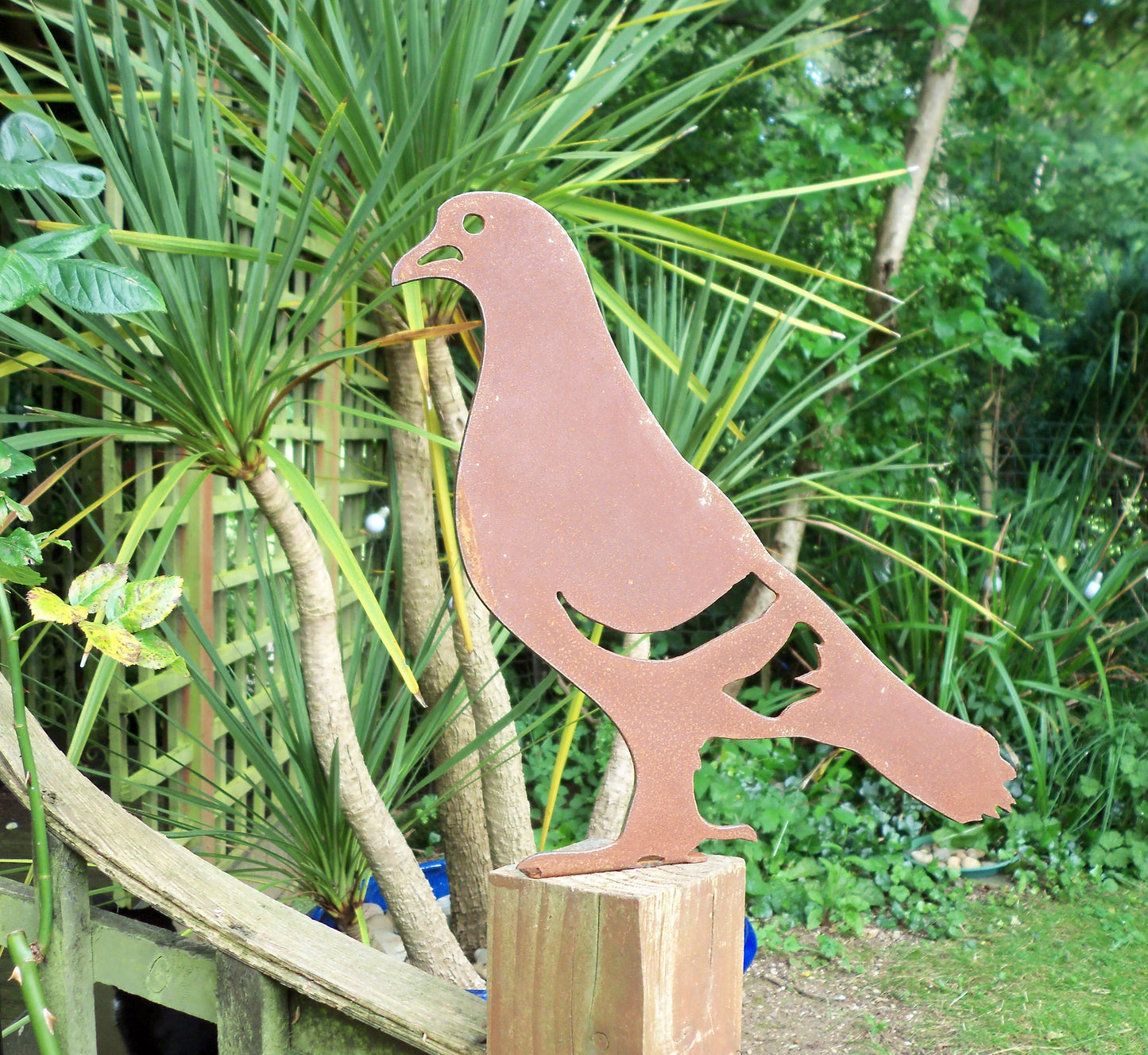 Rusty metal pigeon garden ornament on a post beside green plants, rusted steel garden art.