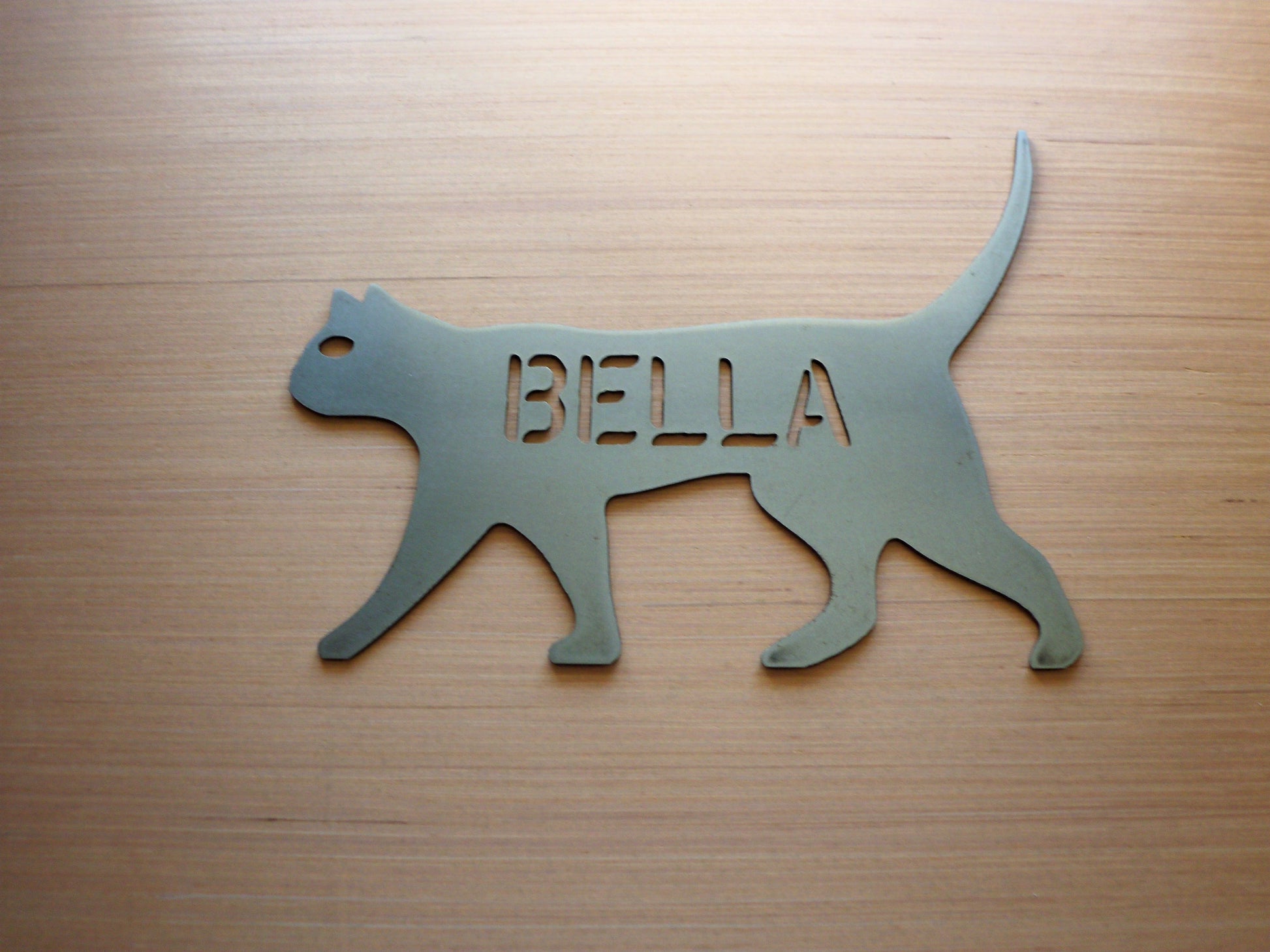 Home decor steel grey cat with a custom name "Bella"