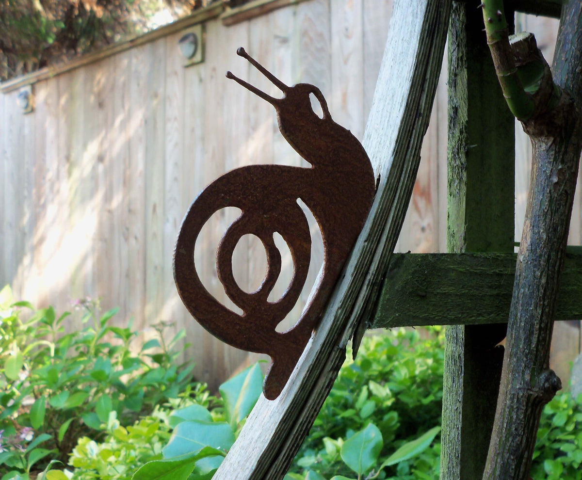 Rusty Steel Snail Garden Ornament on a wooden fence adding rustic charm to a garden.