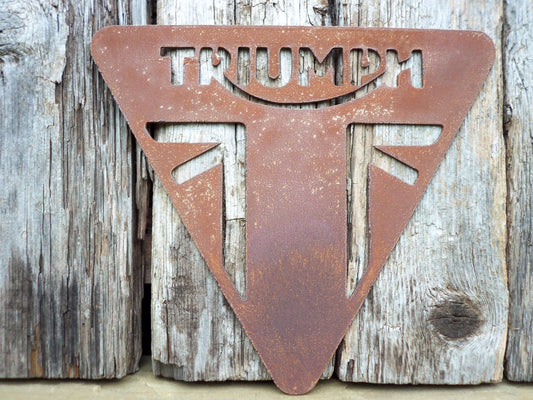 Rusty Metal TRIUMPH BADGE Sign - Large Garden Ornament. Rustic Garden Decor Metal Garden MOTORCYCLE Badge Decoration Rusted Steel Garden Art Vintage