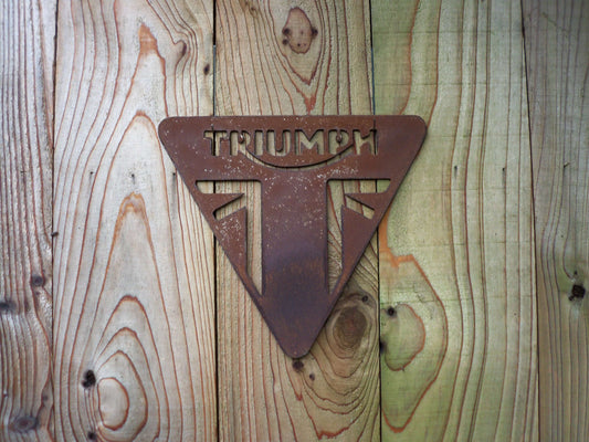 Rusty Metal TRIUMPH BADGE Sign Garden Ornament. Rustic Garden Decor Metal Garden MOTORCYCLE Badge Decoration Rusted Steel Garden Art Vintage