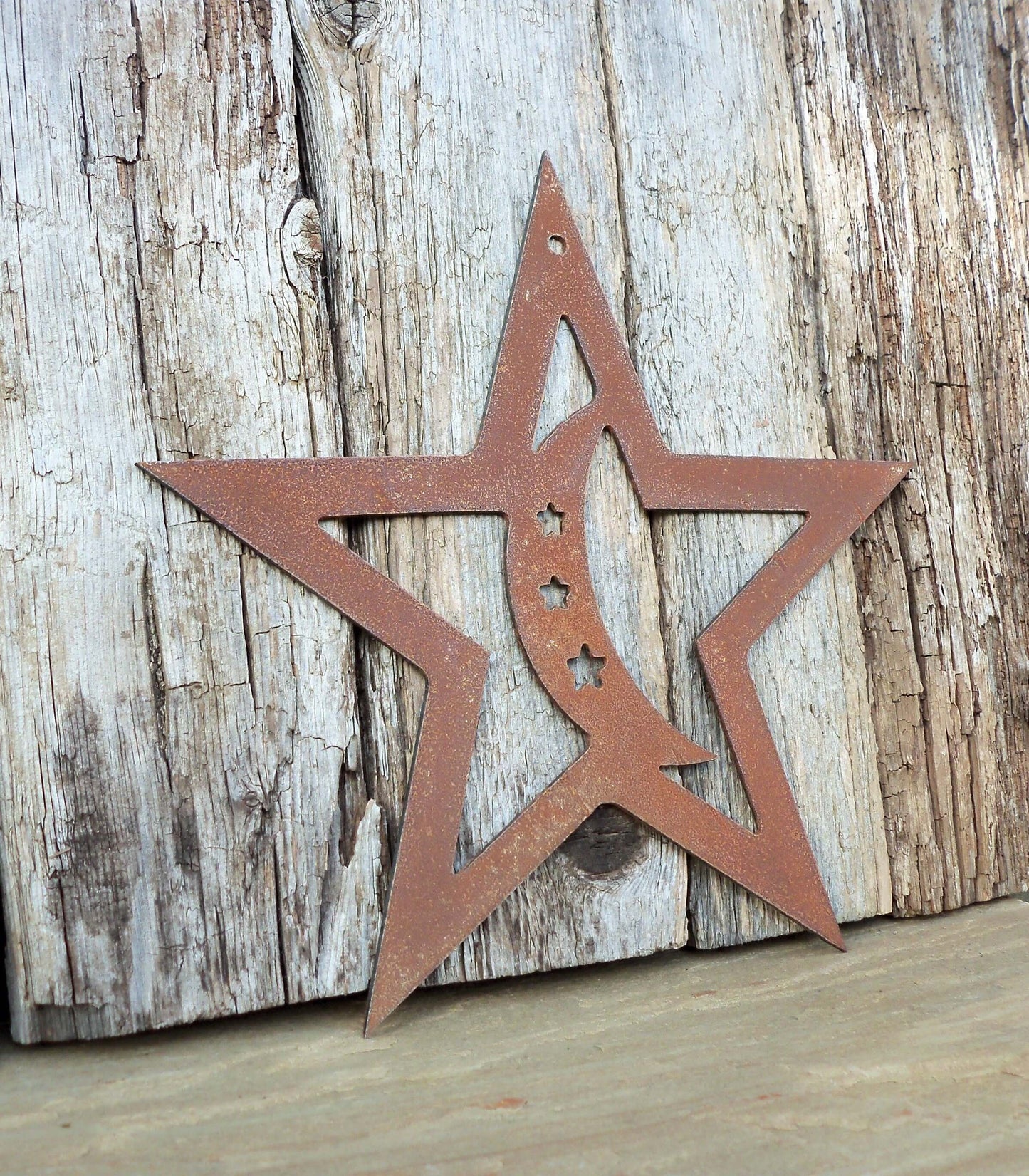 Rusty Metal STAR with MOON Hanging Garden Ornament. Rustic Garden Decor. Rusted Steel Garden Art Metal STAR Garden Decoration Christmas Gift