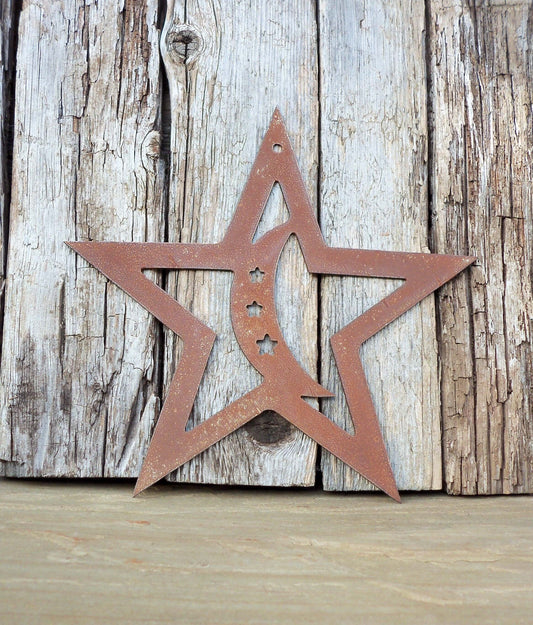 Rusty Metal STAR with MOON Hanging Garden Ornament. Rustic Garden Decor. Rusted Steel Garden Art Metal STAR Garden Decoration Christmas Gift