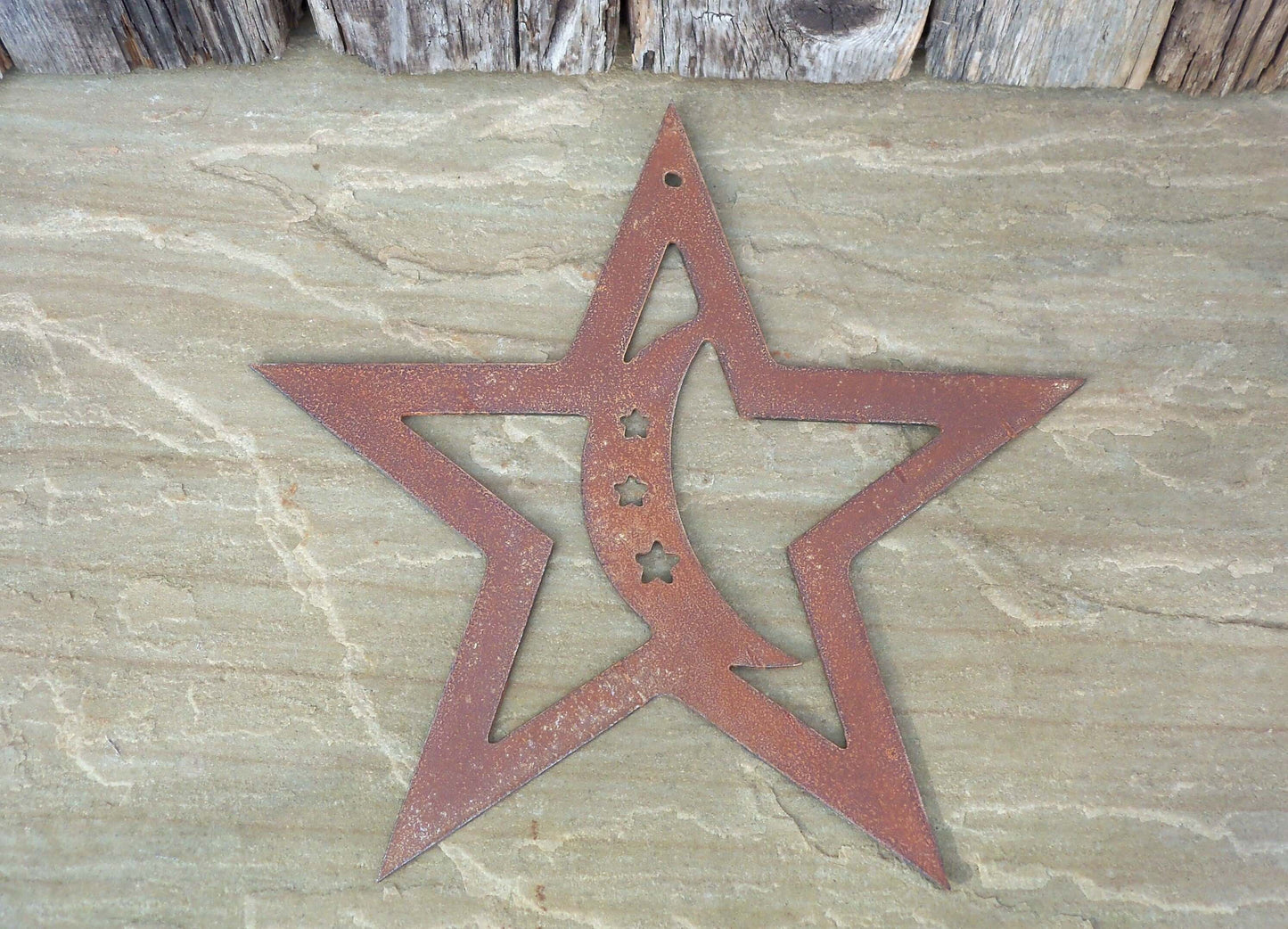 Rusty Metal STAR with MOON Hanging Garden Ornament. Rustic Garden Decor. Rusted Steel Garden Art Metal STAR Garden Decoration Christmas Gift