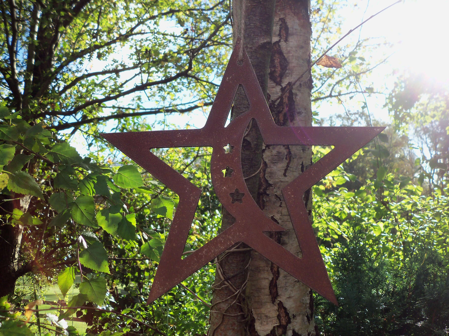 Rusty Metal STAR with MOON Hanging Garden Ornament. Rustic Garden Decor. Rusted Steel Garden Art Metal STAR Garden Decoration Christmas Gift