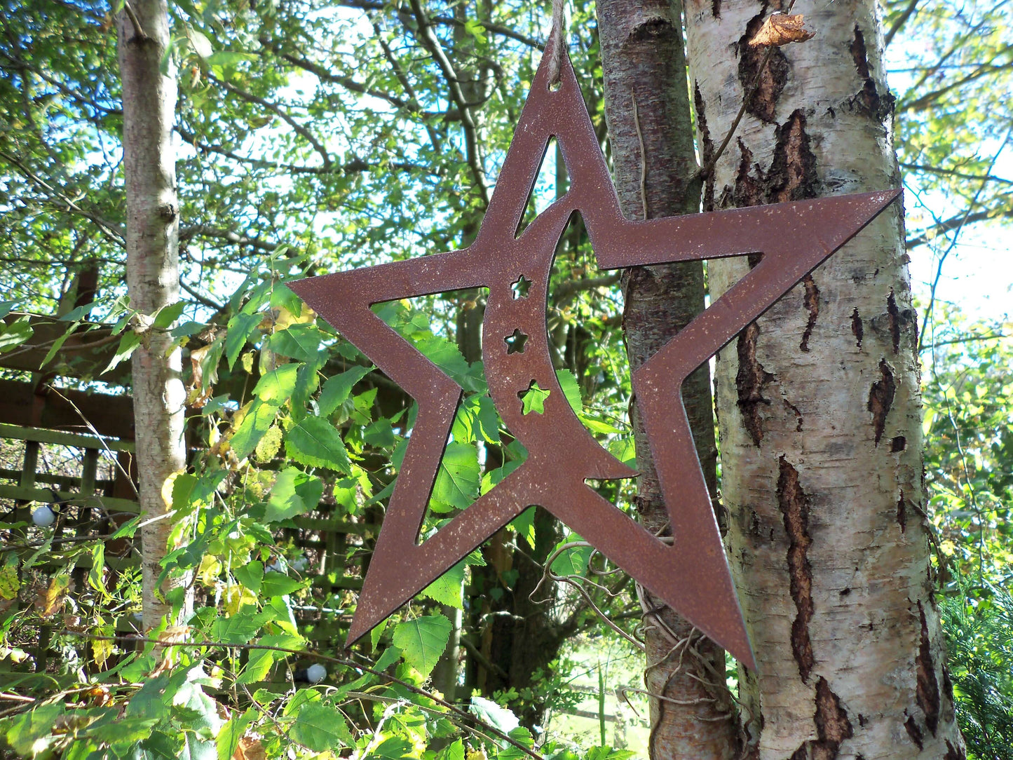 Rusty Metal STAR with MOON Hanging Garden Ornament. Rustic Garden Decor. Rusted Steel Garden Art Metal STAR Garden Decoration Christmas Gift