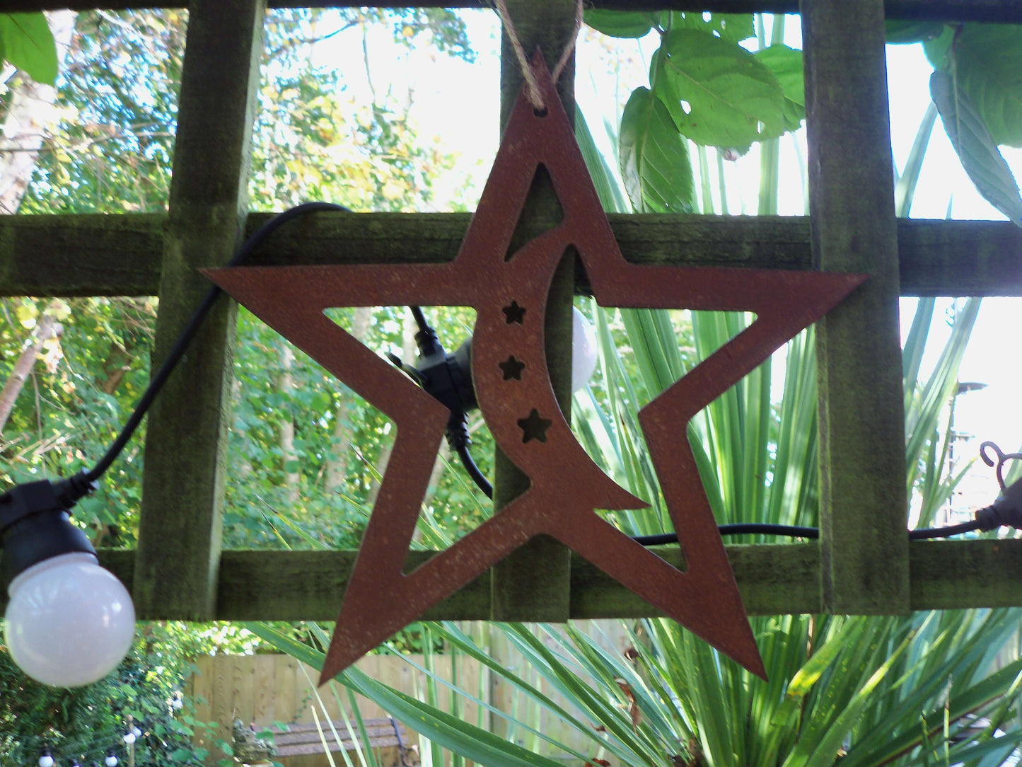 Rusty Metal STAR with MOON Hanging Garden Ornament. Rustic Garden Decor. Rusted Steel Garden Art Metal STAR Garden Decoration Christmas Gift