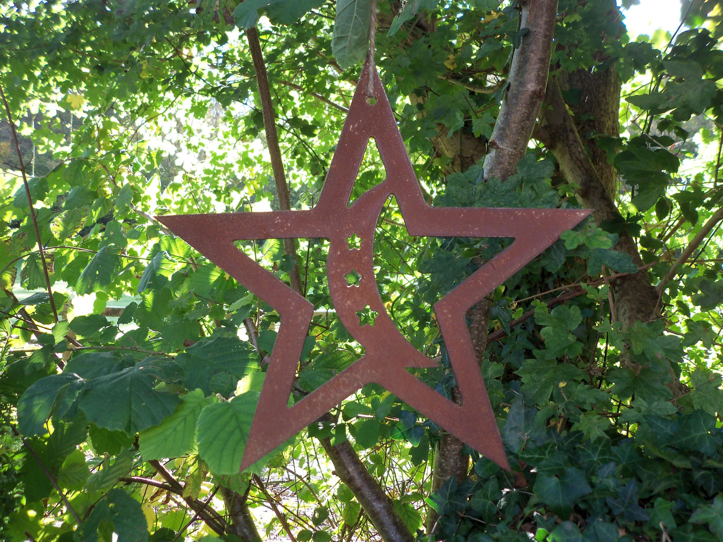 Rusty Metal STAR with MOON Hanging Garden Ornament. Rustic Garden Decor. Rusted Steel Garden Art Metal STAR Garden Decoration Christmas Gift