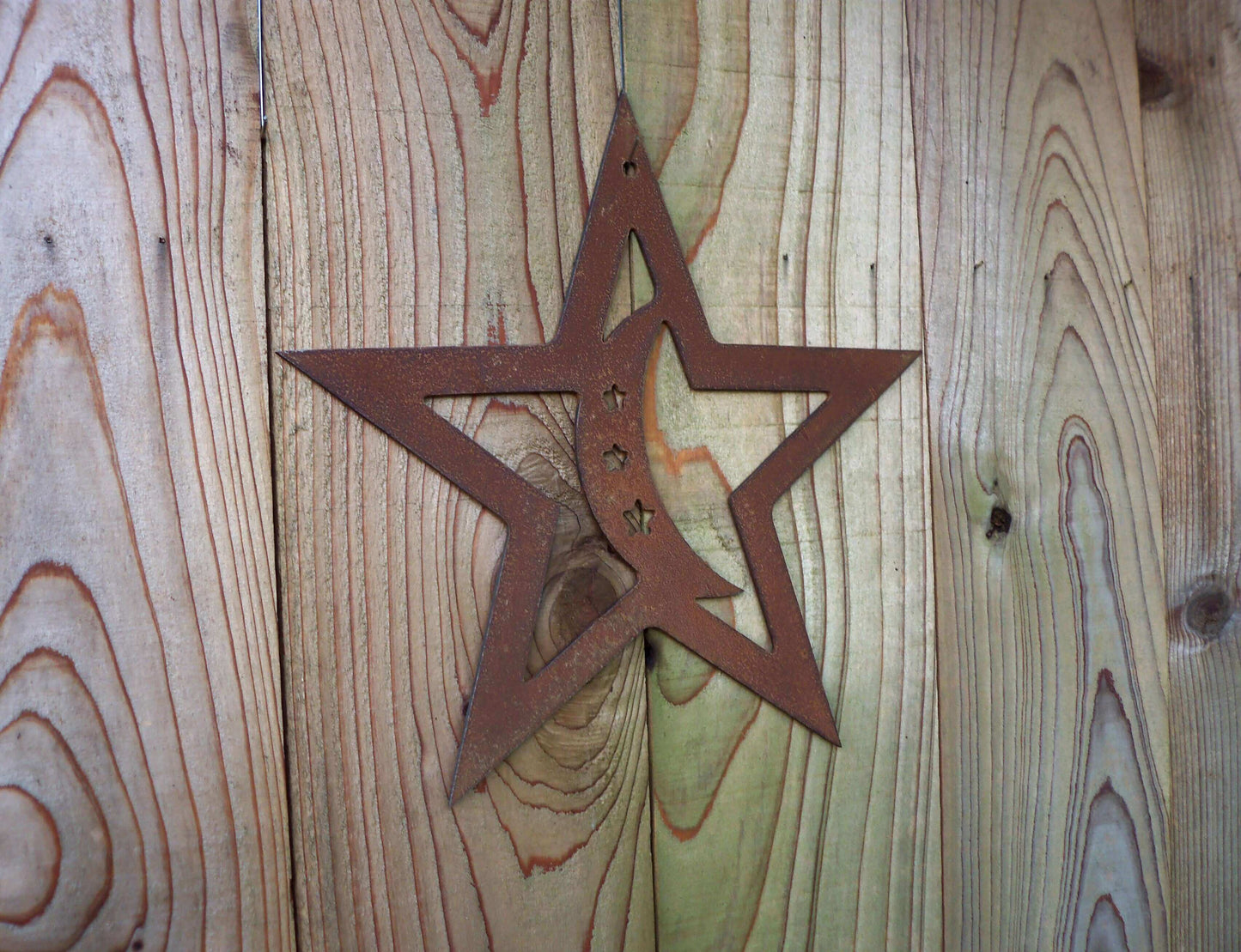 Rusty Metal STAR with MOON Hanging Garden Ornament. Rustic Garden Decor. Rusted Steel Garden Art Metal STAR Garden Decoration Christmas Gift