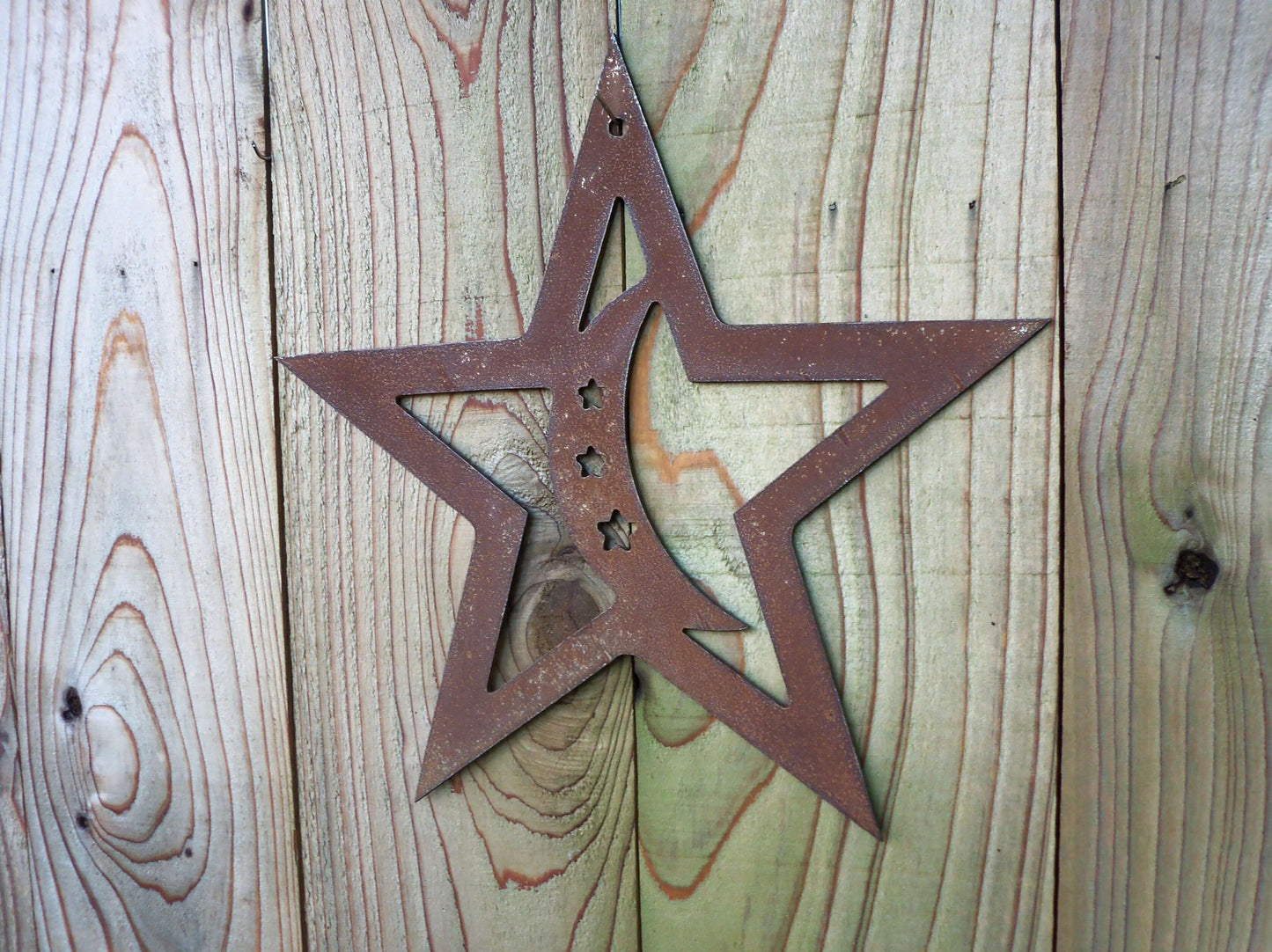 Rusty Metal STAR with MOON Hanging Garden Ornament. Rustic Garden Decor. Rusted Steel Garden Art Metal STAR Garden Decoration Christmas Gift