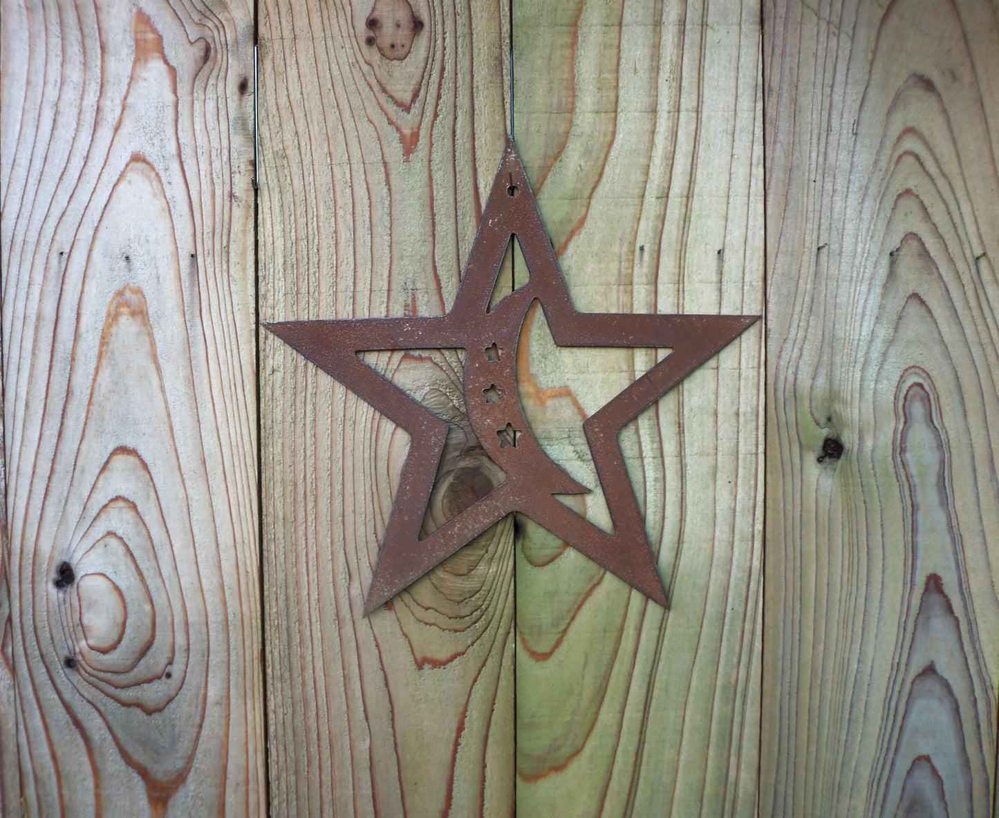 Rusty Metal STAR with MOON Hanging Garden Ornament. Rustic Garden Decor. Rusted Steel Garden Art Metal STAR Garden Decoration Christmas Gift