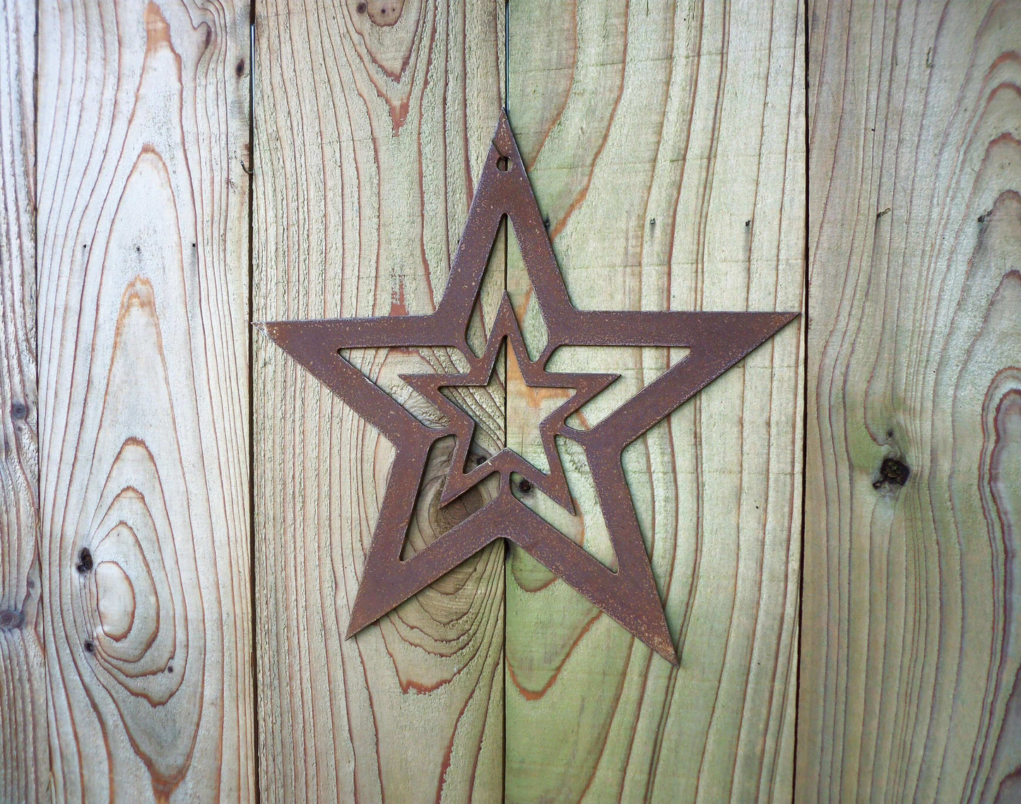 Rusty Metal STAR with STAR Hanging Garden Ornament. Rustic Garden Decor. Rusted Steel Garden Art Metal STAR Garden Decoration Christmas Gift