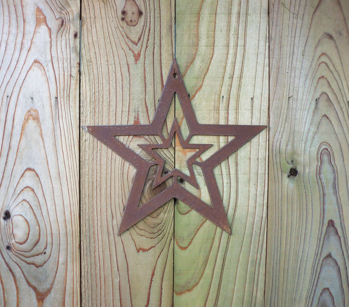 Rusty Metal STAR with STAR Hanging Garden Ornament. Rustic Garden Decor. Rusted Steel Garden Art Metal STAR Garden Decoration Christmas Gift