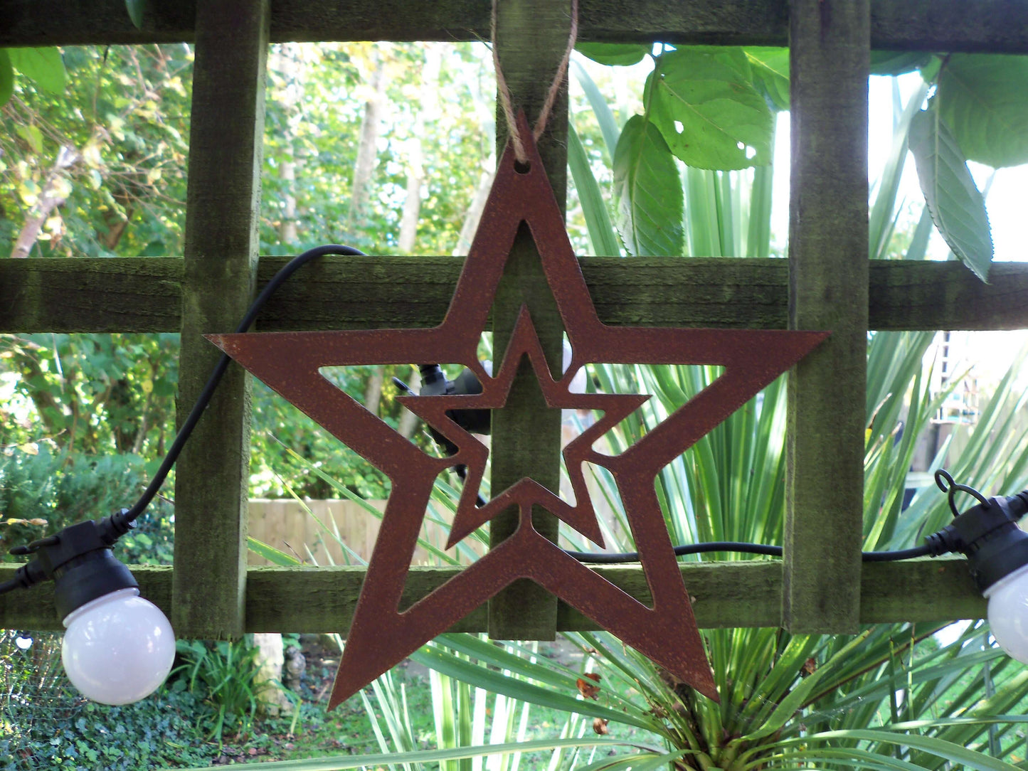 Rusty Metal STAR with STAR Hanging Garden Ornament. Rustic Garden Decor. Rusted Steel Garden Art Metal STAR Garden Decoration Christmas Gift