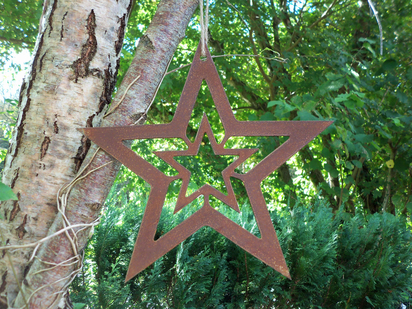 Rusty Metal STAR with STAR Hanging Garden Ornament. Rustic Garden Decor. Rusted Steel Garden Art Metal STAR Garden Decoration Christmas Gift