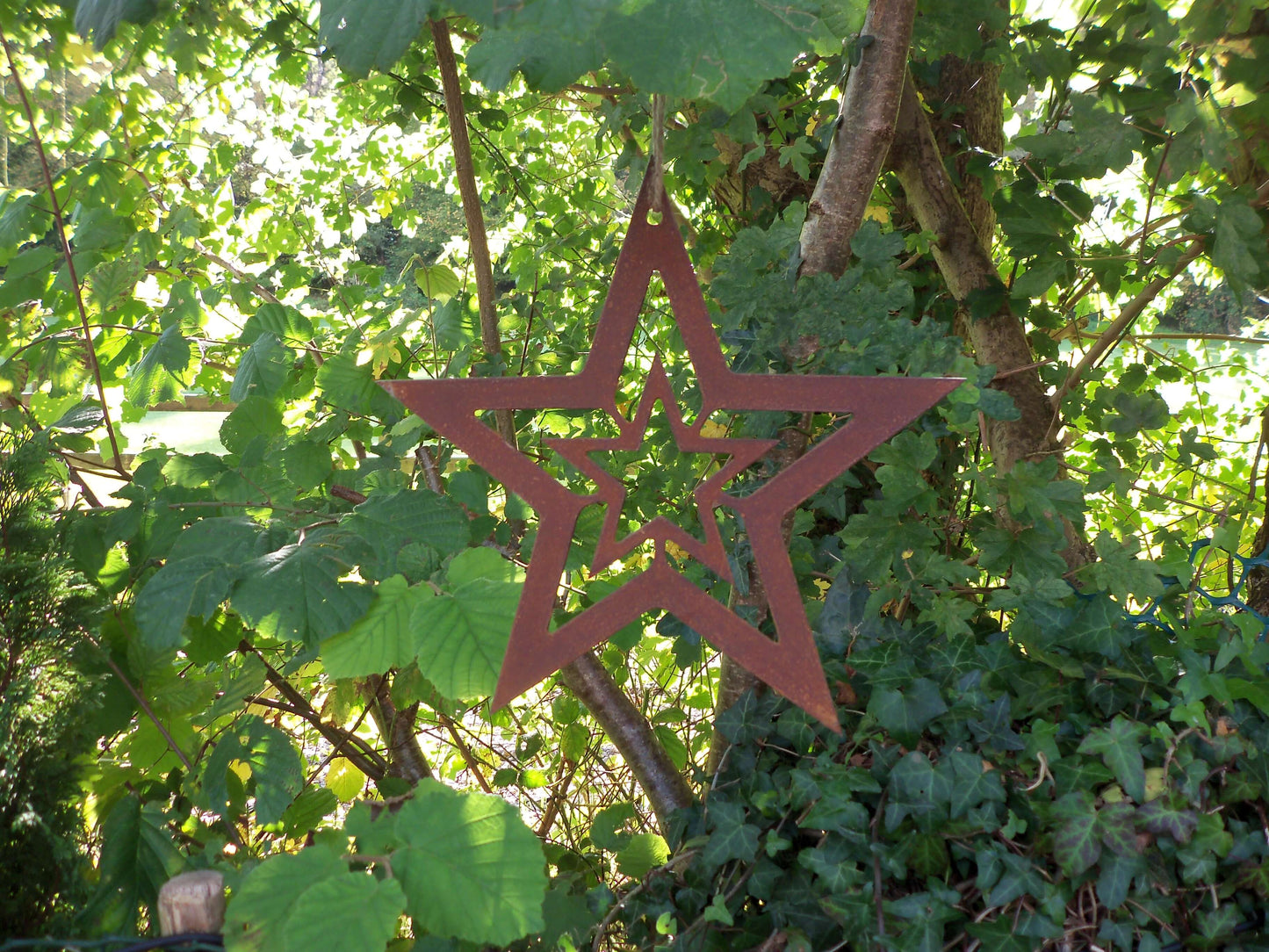 Rusty Metal STAR with STAR Hanging Garden Ornament. Rustic Garden Decor. Rusted Steel Garden Art Metal STAR Garden Decoration Christmas Gift