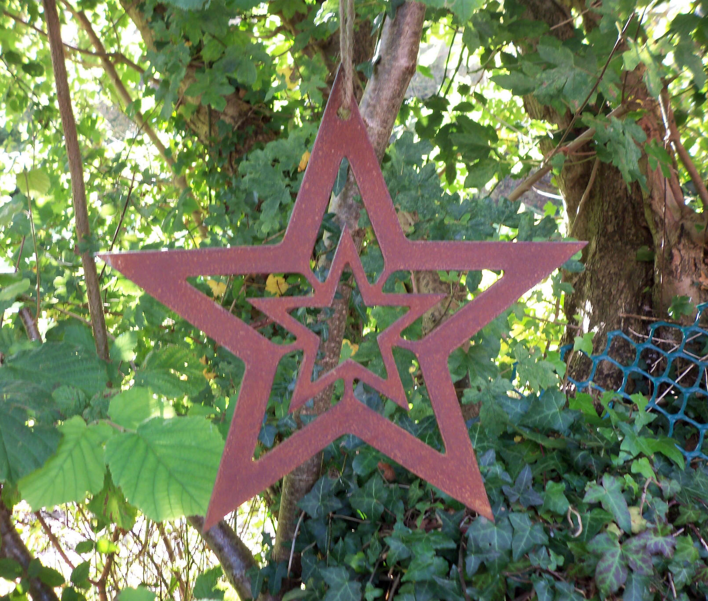 Rusty Metal STAR with STAR Hanging Garden Ornament. Rustic Garden Decor. Rusted Steel Garden Art Metal STAR Garden Decoration Christmas Gift