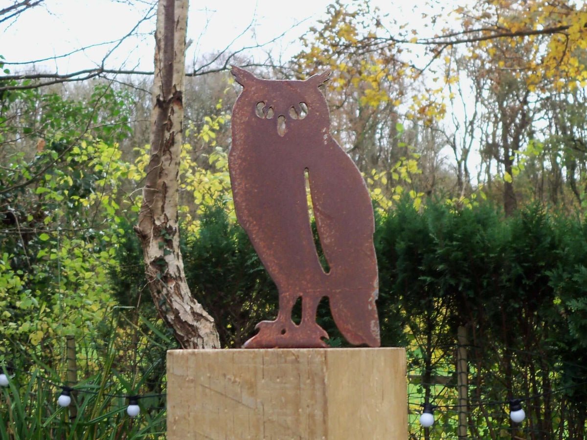 Rusted Steel OWL Garden Ornament displayed on a wooden post, showcasing rustic charm, unique patina finish.