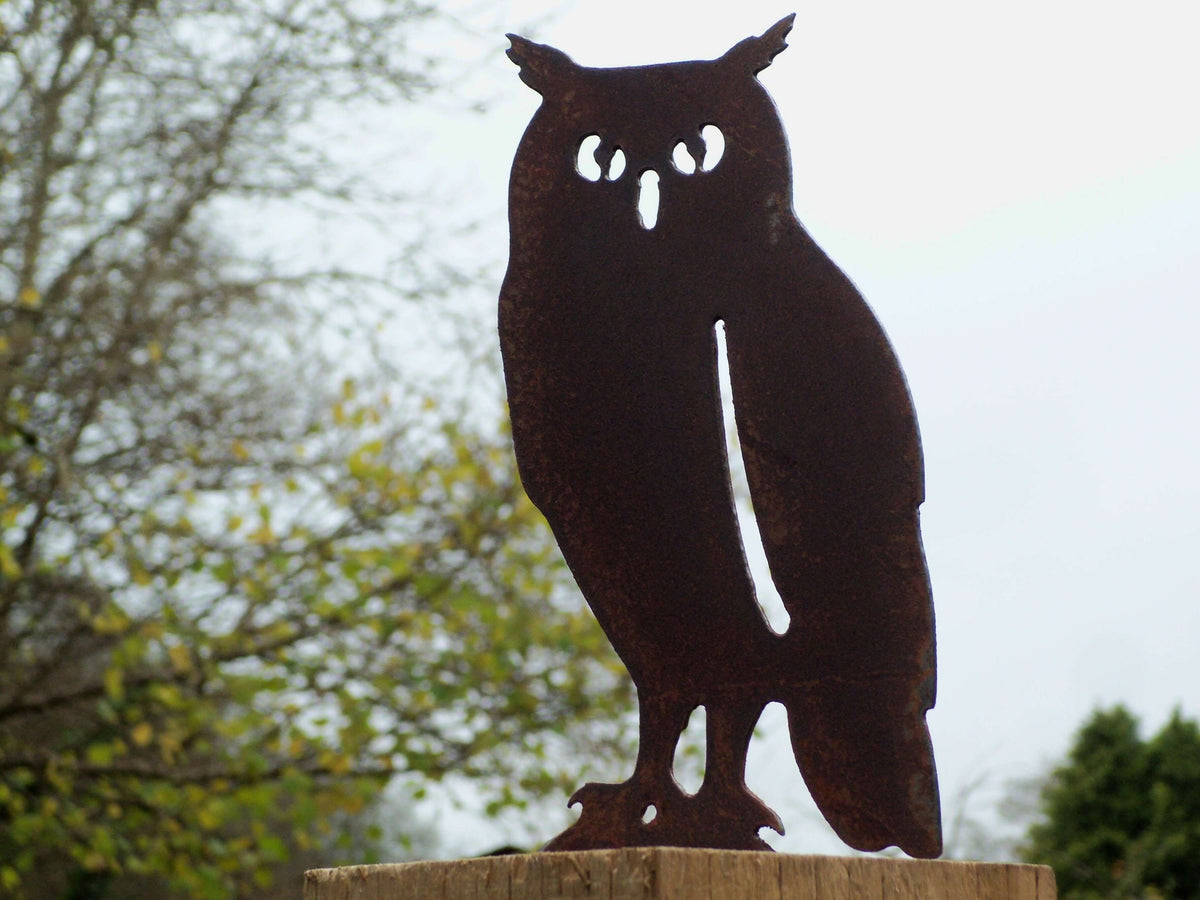 Rusted Steel Owl Garden Ornament - Rustic metal bird decoration for garden or fence post with unique patina finish.