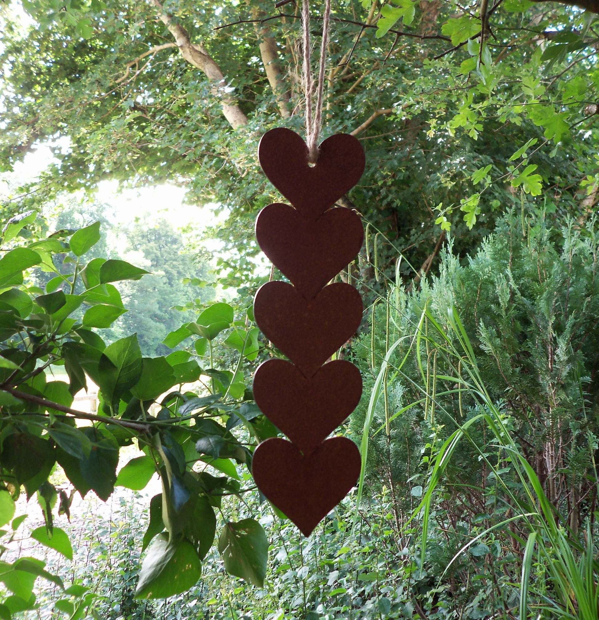 Rusty metal hanging hearts garden ornament with five joined hearts hanging among greenery.