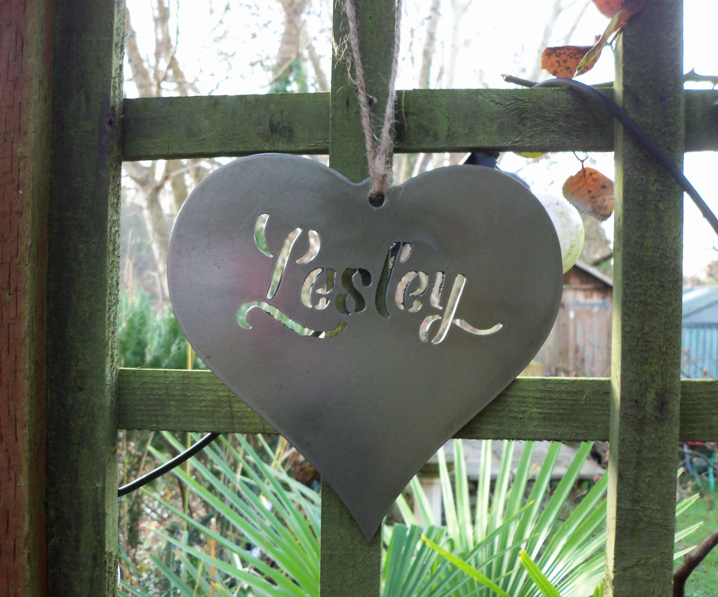 Personalised rusty metal hanging heart garden ornament - Rustic Decor.