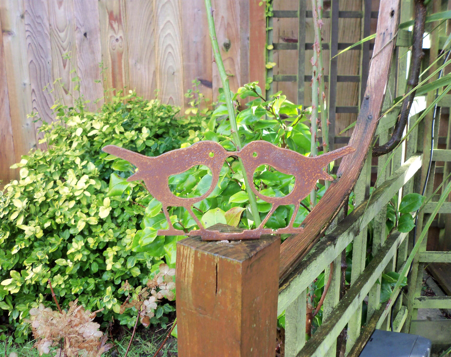 Rusty Metal KISSING ROBINS Birds Garden Ornament. Rustic Fence Post Topper. Outdoor Robin Decoration. Rusted Steel Art Sculpture.
