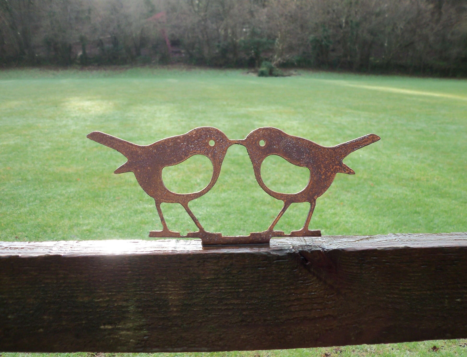 Rusty Metal KISSING ROBINS Birds Garden Ornament. Rustic Fence Post Topper. Outdoor Robin Decoration. Rusted Steel Art Sculpture.