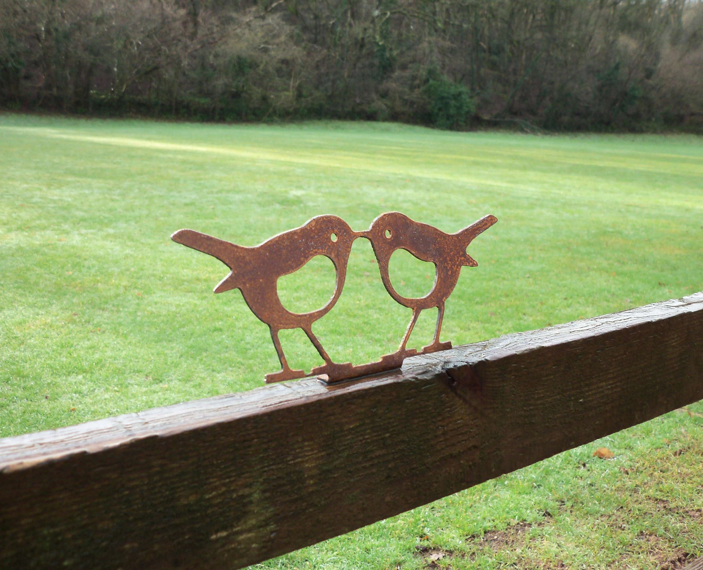 Rusty Metal KISSING ROBINS Birds Garden Ornament. Rustic Fence Post Topper. Outdoor Robin Decoration. Rusted Steel Art Sculpture.