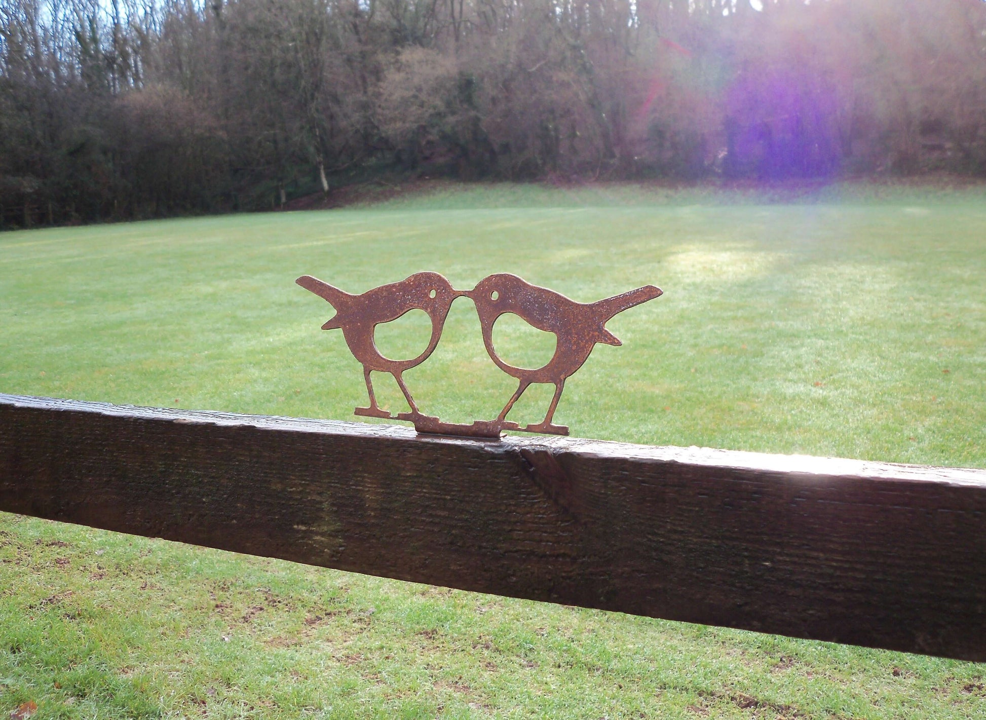 Rusty Metal KISSING ROBINS Birds Garden Ornament. Rustic Fence Post Topper. Outdoor Robin Decoration. Rusted Steel Art Sculpture.