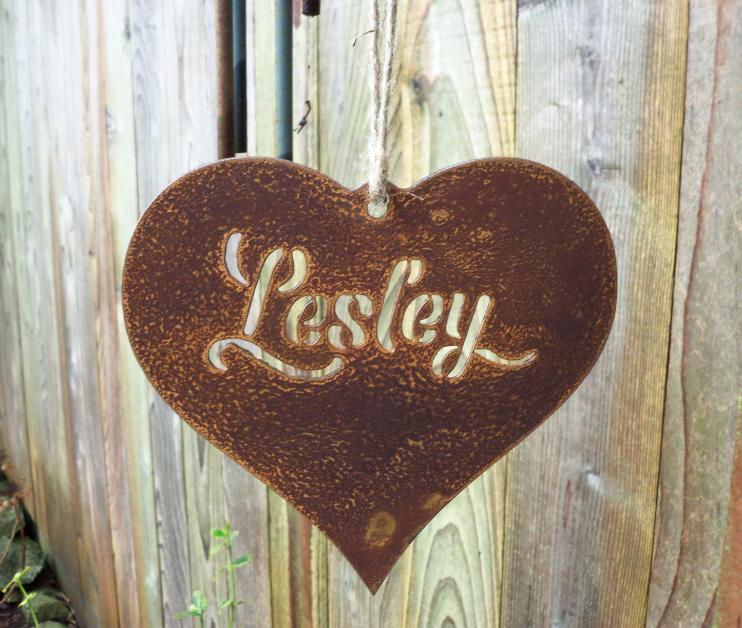 Personalised rusty metal hanging heart ornament with name detail for loved one
