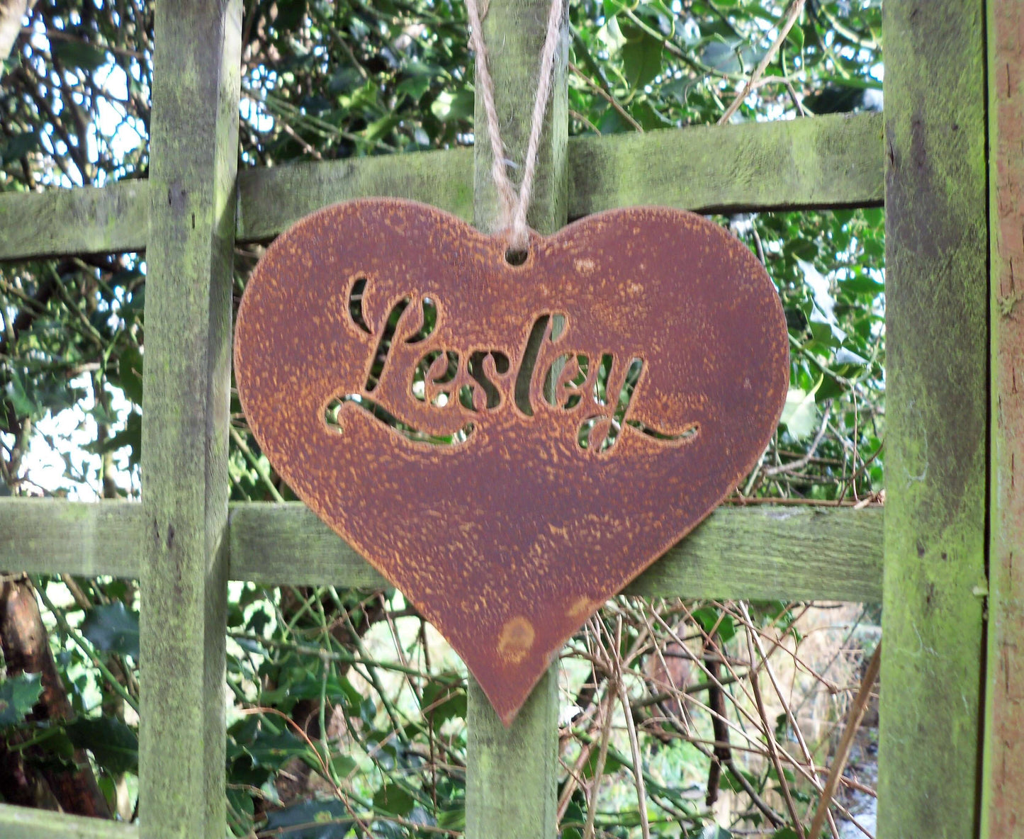 Personalised rusty metal hanging heart garden ornament - Rustic Decor.
