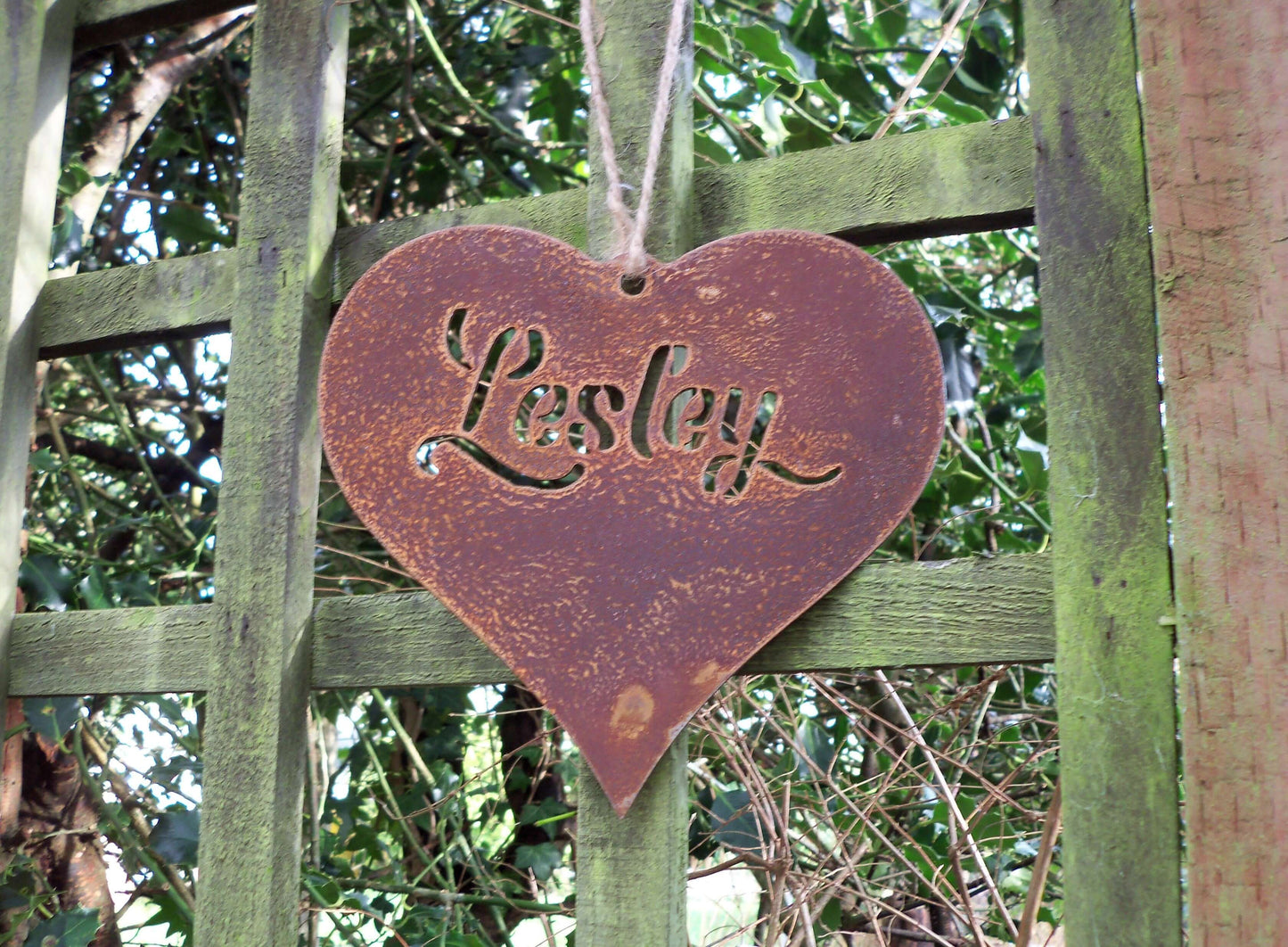 Personalised rusty metal hanging heart garden ornament - Rustic Decor.