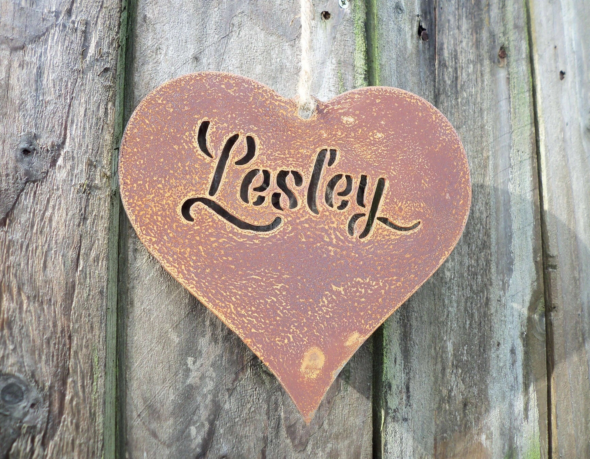 Custom Personalised rusty metal hanging heart ornament for outdoor remembrance