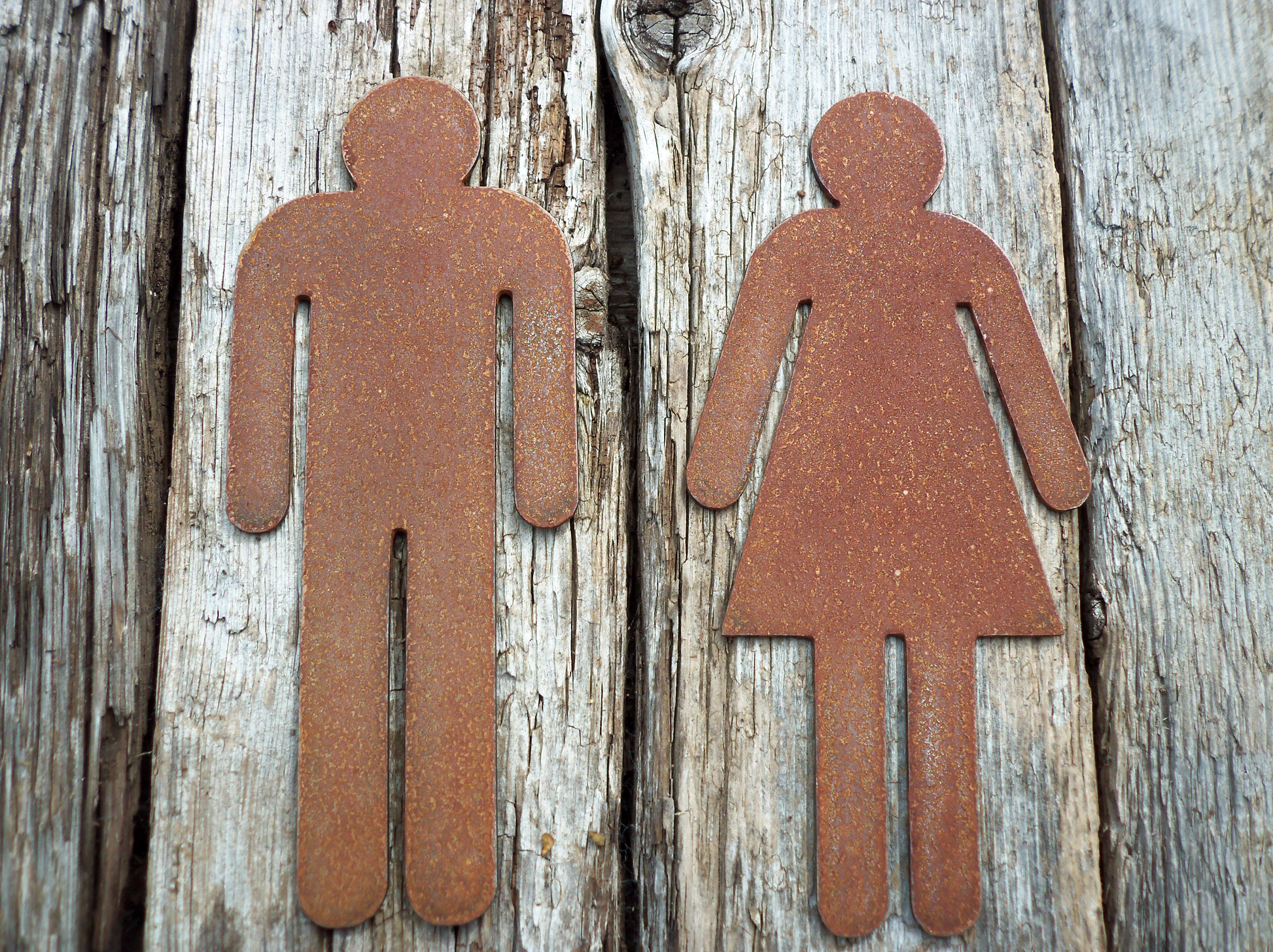 Rustic Metal WC Toilet Door Signs - figures of a man and a woman on wooden planks.