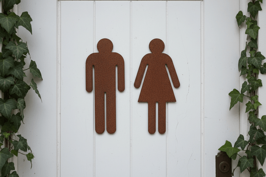 Rustic Metal WC Toilet Door Signs - figures of a man and a woman on a white panelled door background with ivy at the sides.
